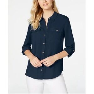 NWT Charter Club Navy Georgette Roll Tab Sleeve Button Down Size Small